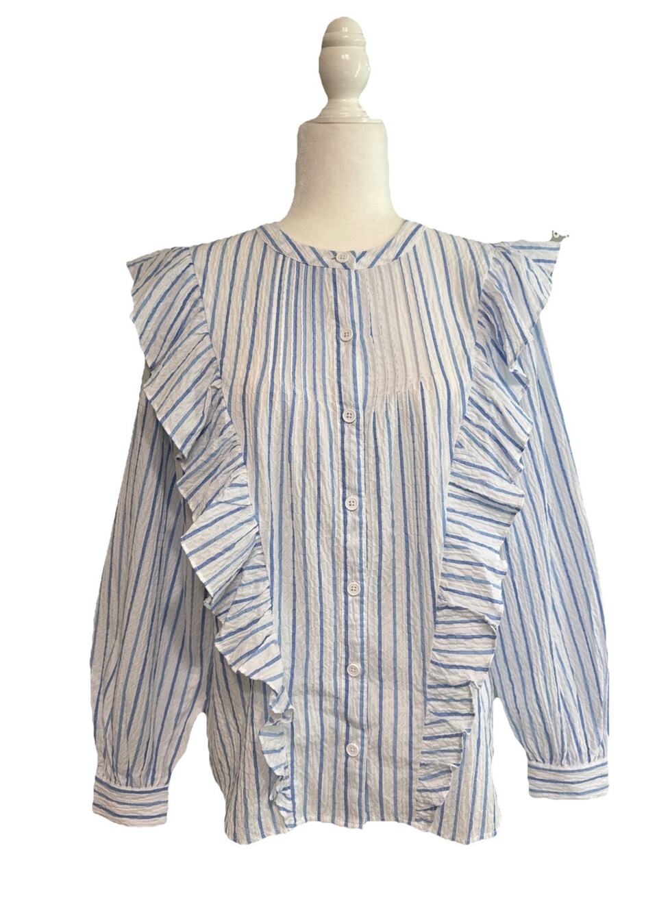 theGet Button Front Shirt Womens S Blue White Crinkle Textured